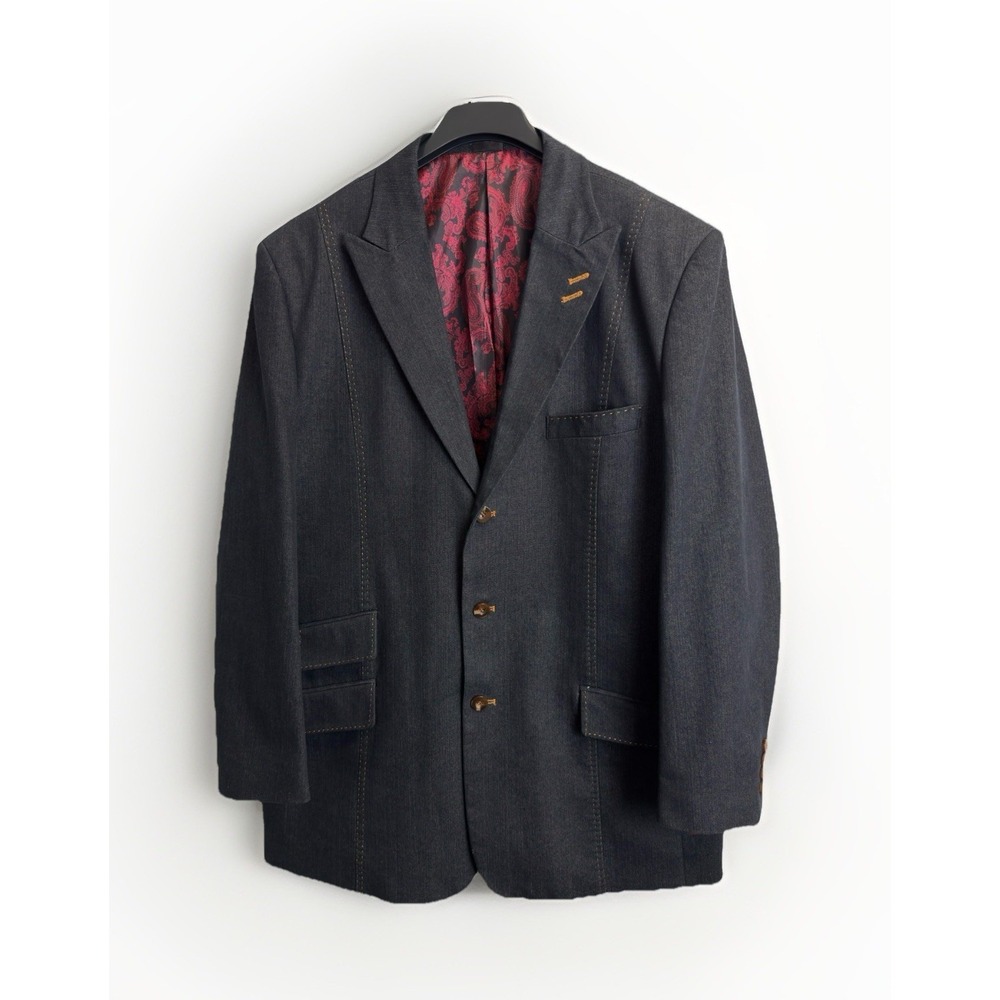 Falcone Men's Denim Blazer 46R Cotton Blend Jacket Peak Collar‎ Dark Wash
